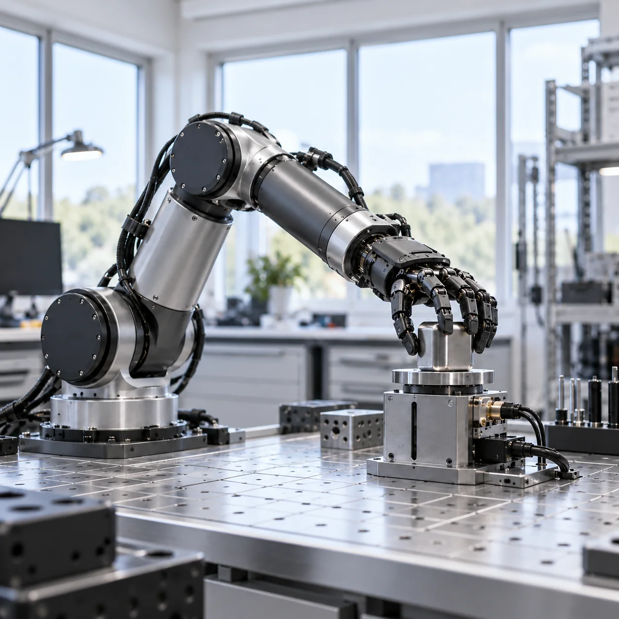 Robotic hand and actuator in a contact-response experiment.